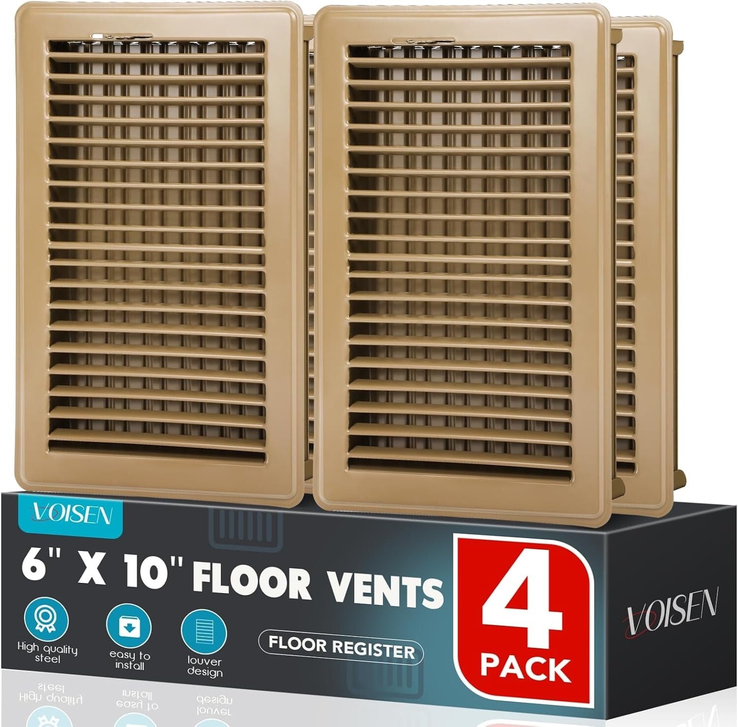 4-Pack Classic Louver 6x10 Floor Registers - Adjustable Air Circulation Grilles