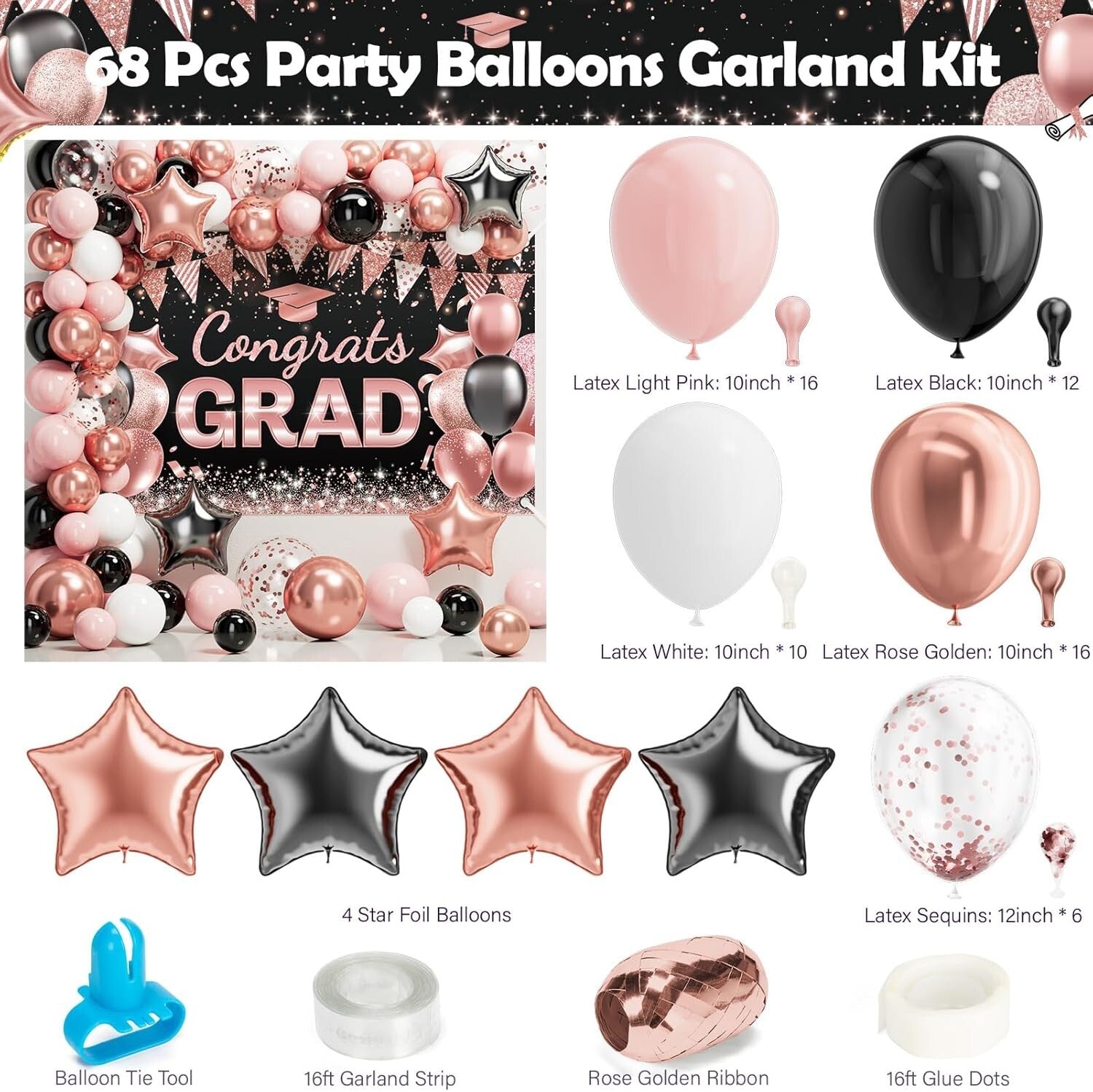 Complete 2025 Graduation Celebration Kit - 245 PCS in Black, Pink & Rose Gold
