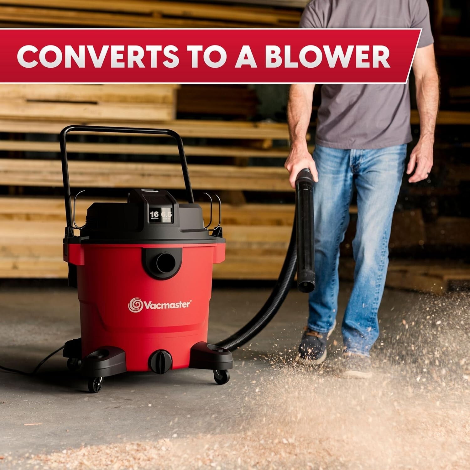Red 16-Gallon Wet/Dry Vacuum with 145 CFM Power - Perfect Indoor/Outdoor Cleaner