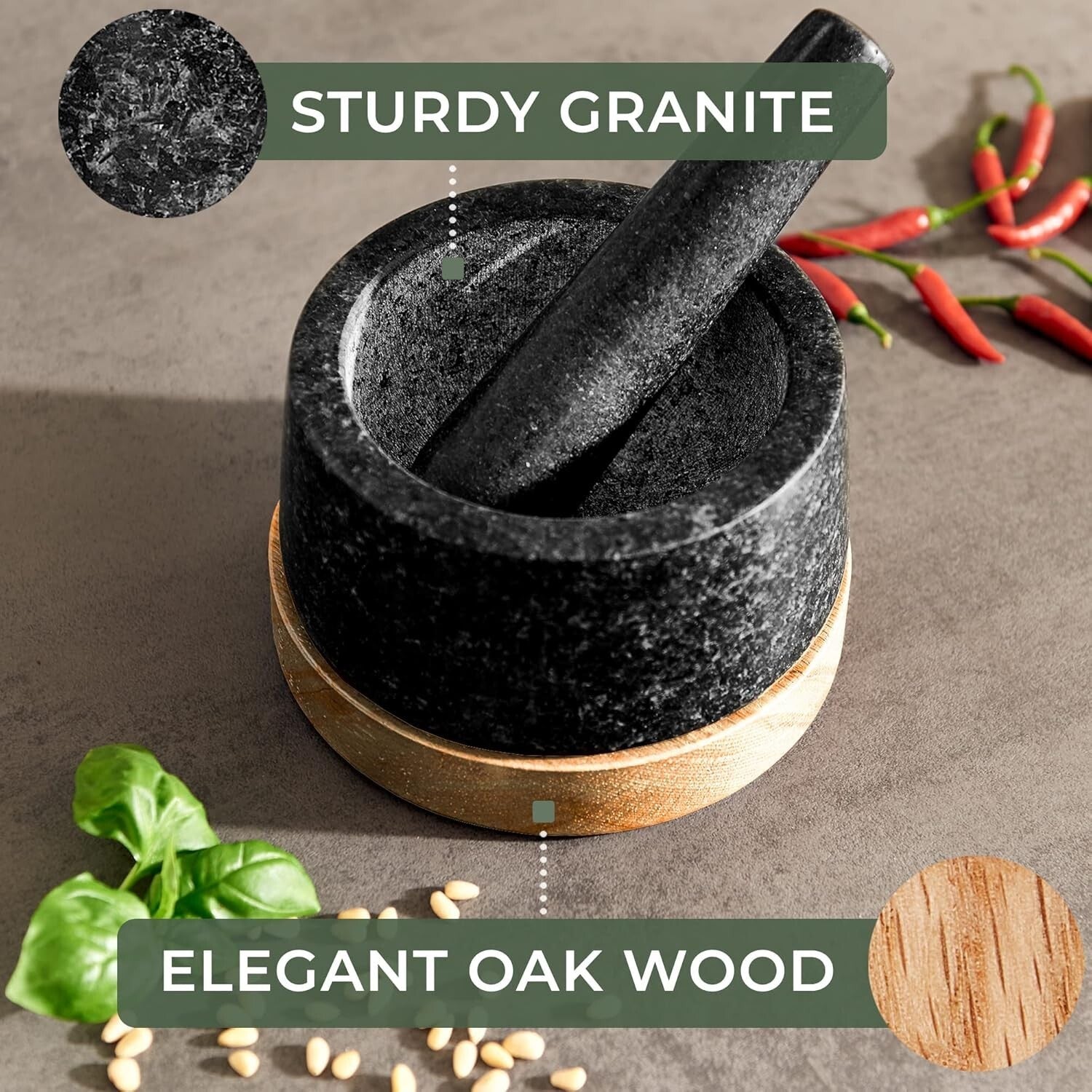 Elegant Granite Mortar & Pestle with Anti-Scratch Oak Base - Extra Large Size