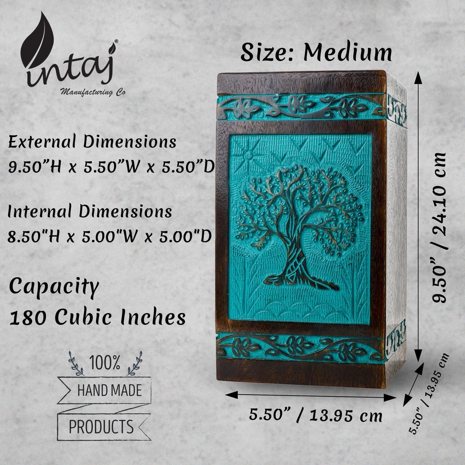 Handcarved Tree of Life Wooden Cremation Urn - 180 lbs Capacity, Teal Green