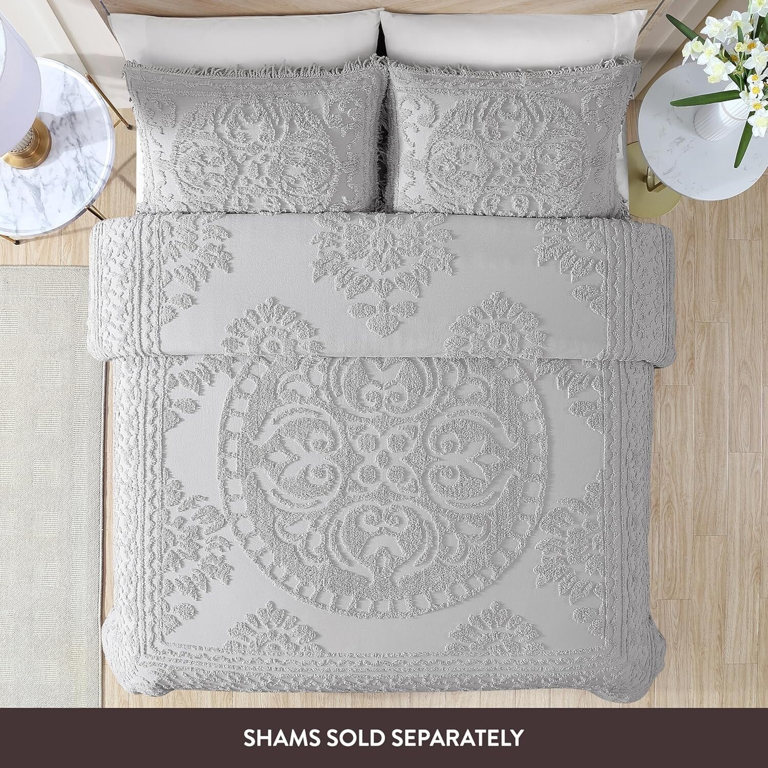 Traditional Gray Chenille Bedspread with Medallion Design for King Beds