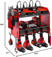 Load image into Gallery viewer, Dual-Tier Power Tool Storage Shelf w/ Surge Protector &amp; Built-in Battery Holder