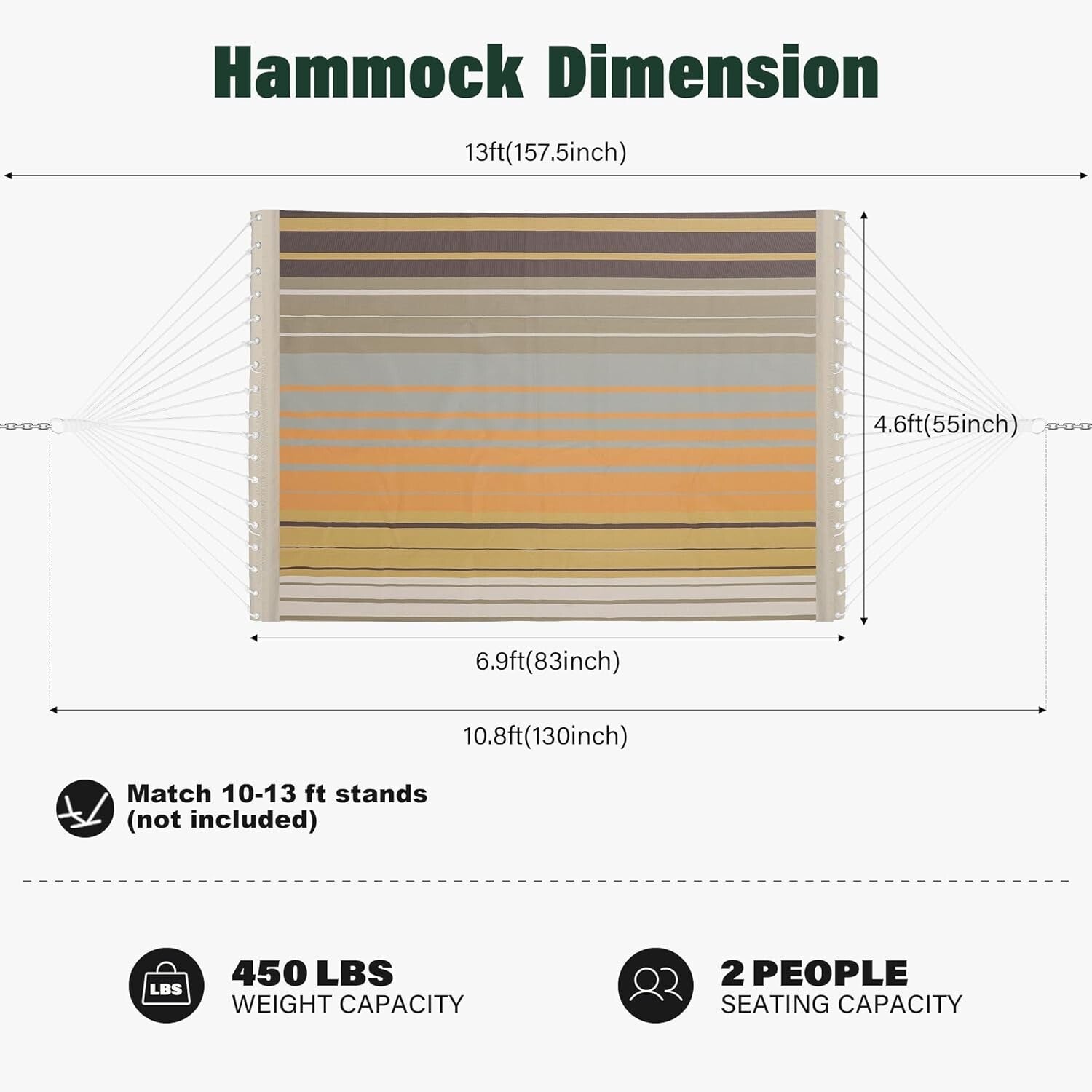 Double Hammock with Concealed Support Bar – 450 lbs Capacity, Quick Dry Fabric