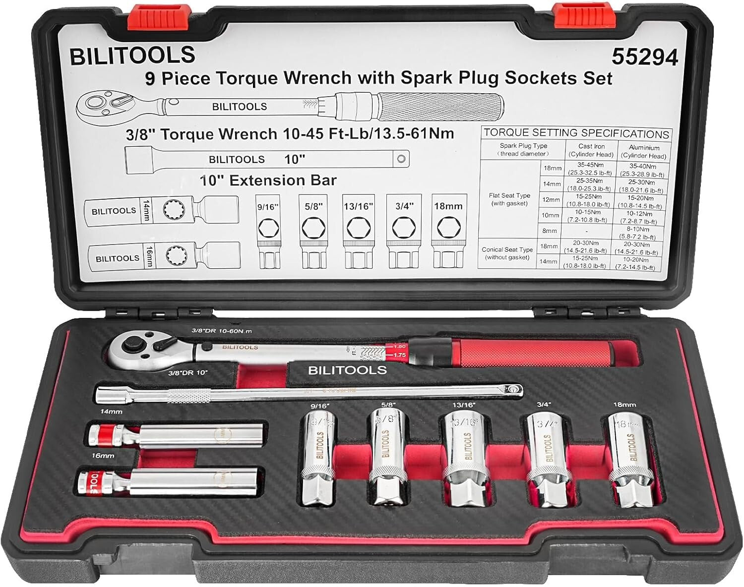 Precision 9-Piece Spark Plug Socket Set with Chrome Vanadium Click Torque Wrench
