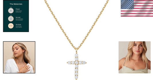 American-Made 14K Gold Cross Necklace with Adjustable Chain & Stunning Zirconia
