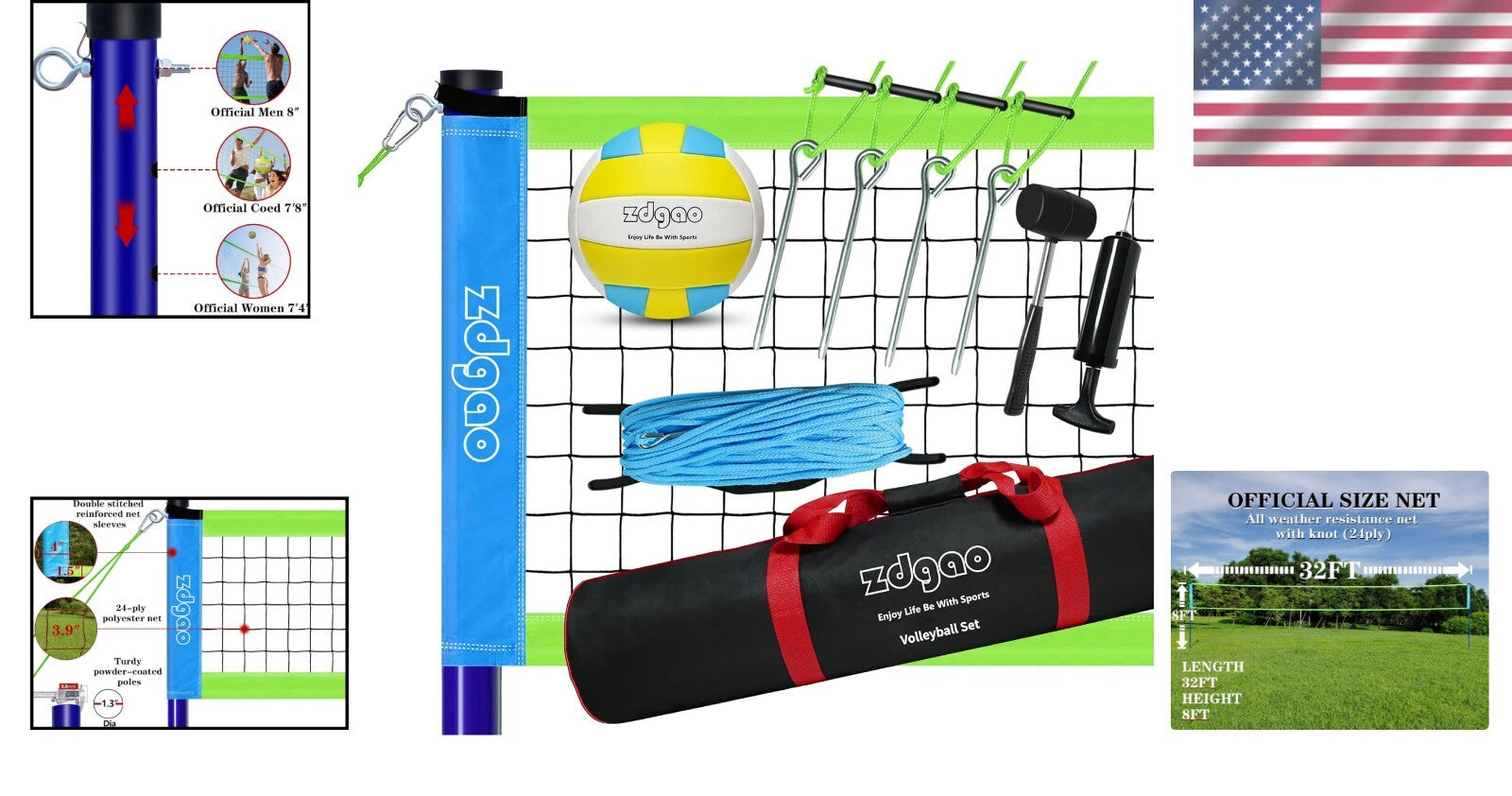 Durable Outdoor Volleyball Net with Adjustable Poles & Carry Bag - Blue Green