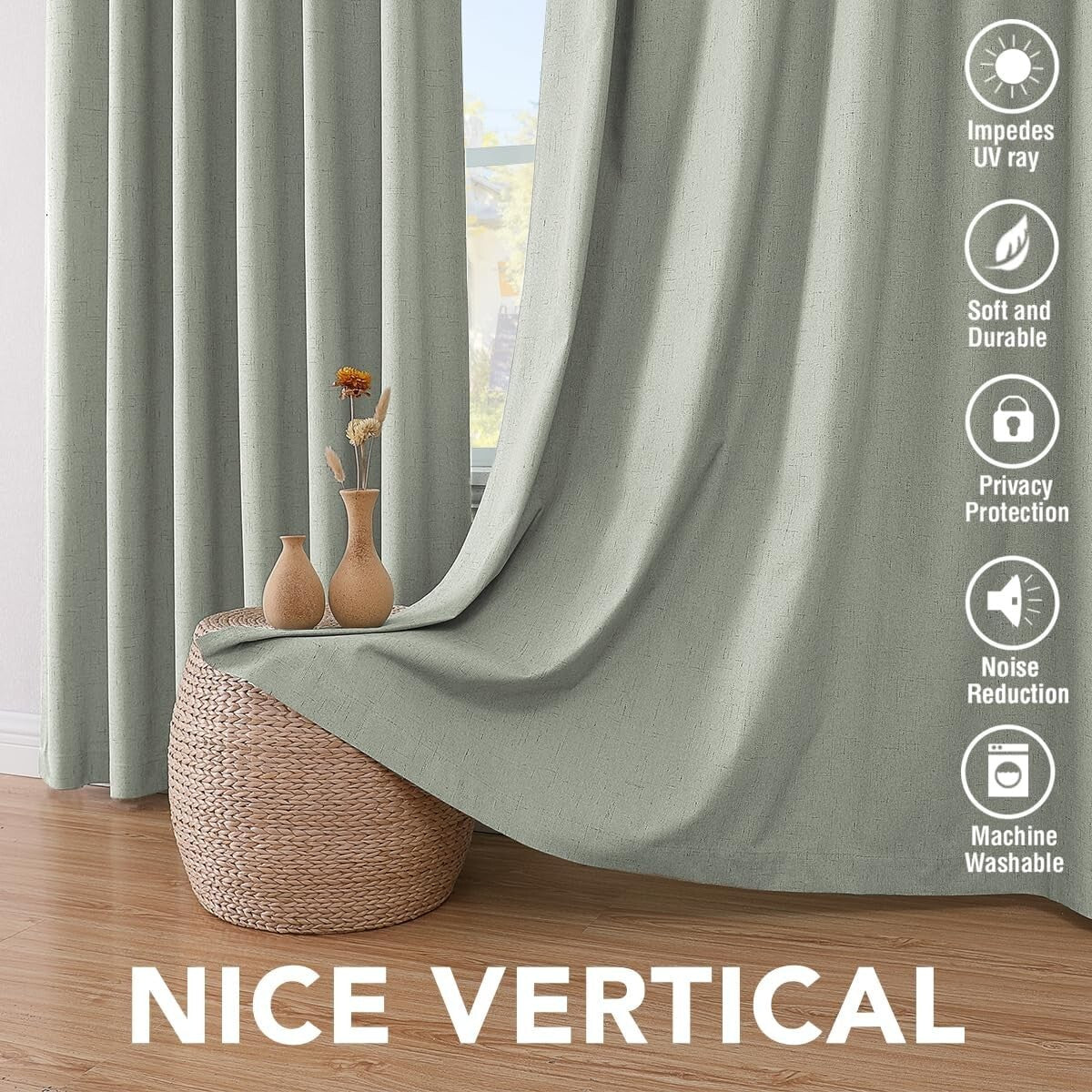 Chic Sage Green 84” Blackout Curtains - Noise Reducing Linen Look with Grommets