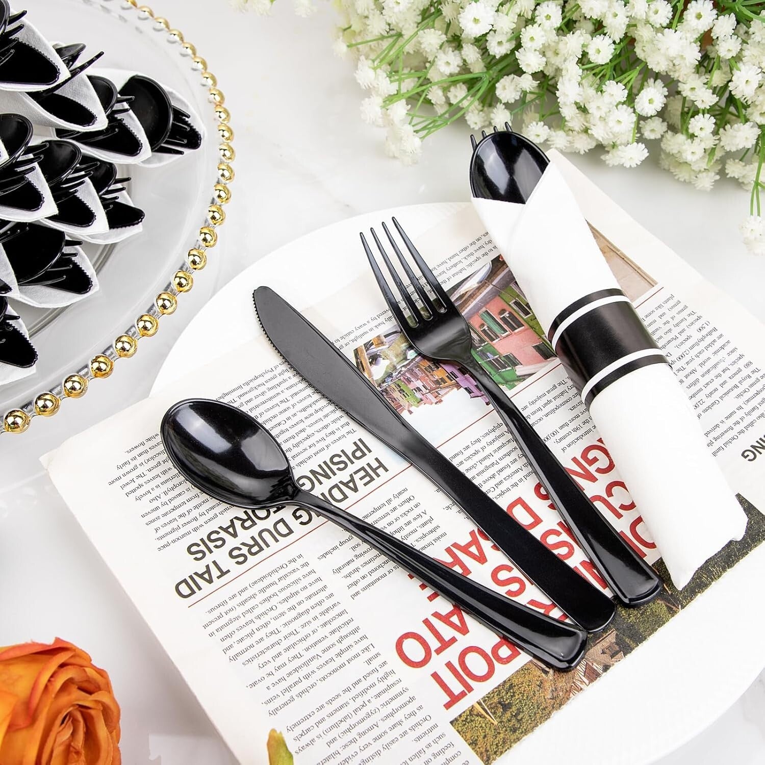 60-Pack Heavy Duty Pre-Wrapped Black Plastic Cutlery with Napkins - Elegant &...