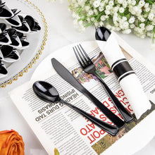 Load image into Gallery viewer, 60-Pack Heavy Duty Pre-Wrapped Black Plastic Cutlery with Napkins - Elegant &amp;...