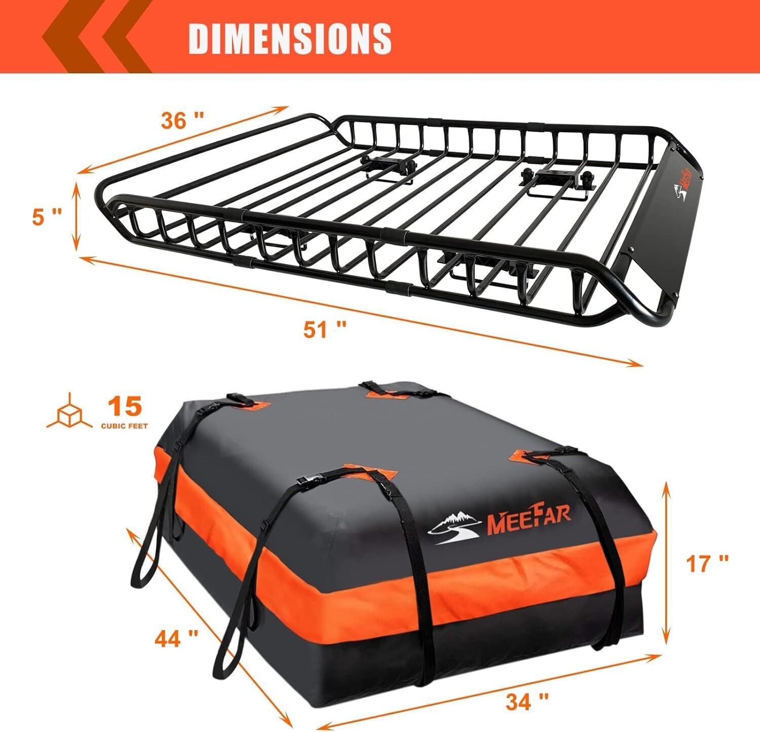 Universal Roof Rack Carrier Basket with Waterproof Bag & Cargo Net - 51" x 36"