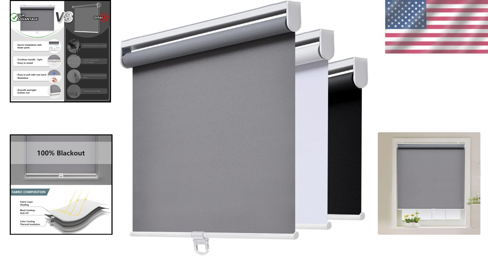 Grey Blackout Roller Blinds 35" W x 72" H - UV Protection & Thermal Insulation