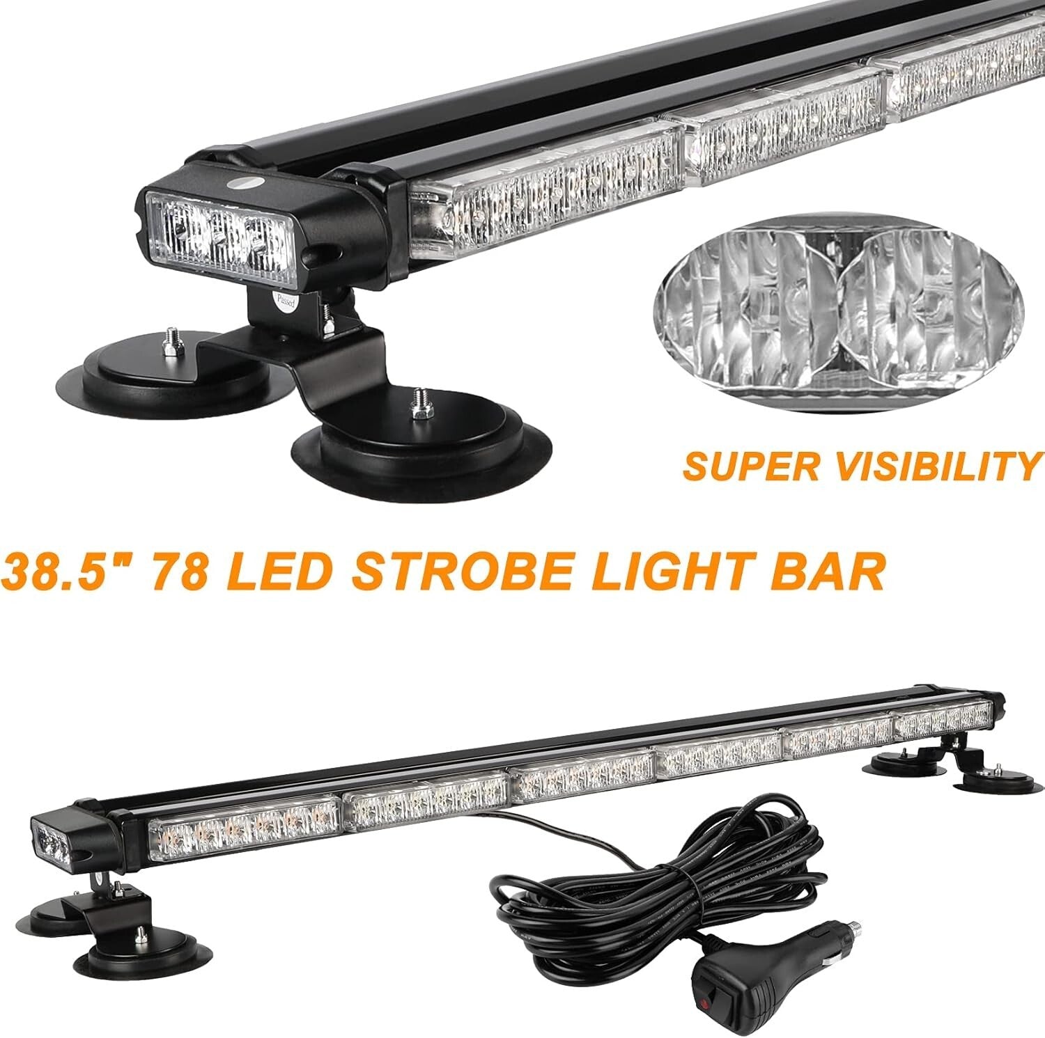38.5" LED Strobe Light Bar - Amber/White Emergency Warning with Magnetic Mount