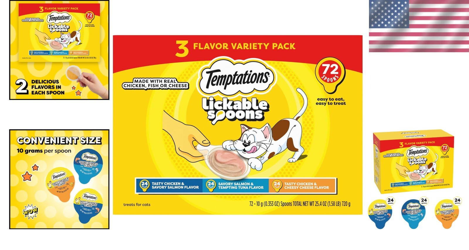 Variety Pack Lickable Cat Treats - Creamy Spoon Sizes - 10 Grams Each, 72 Count