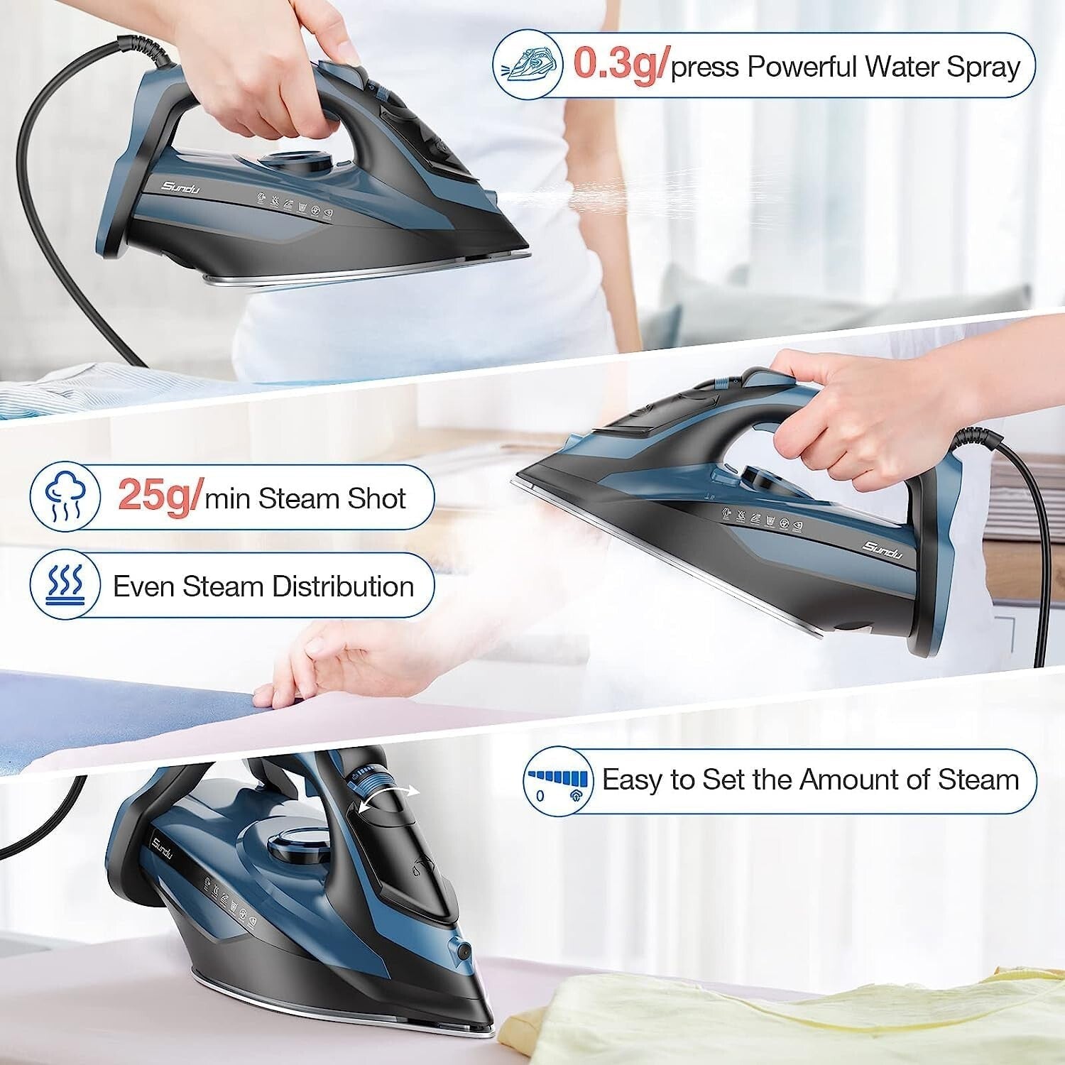 Efficient 1700W Steam Iron with Adjustable Settings & Durable Ceramic Soleplate