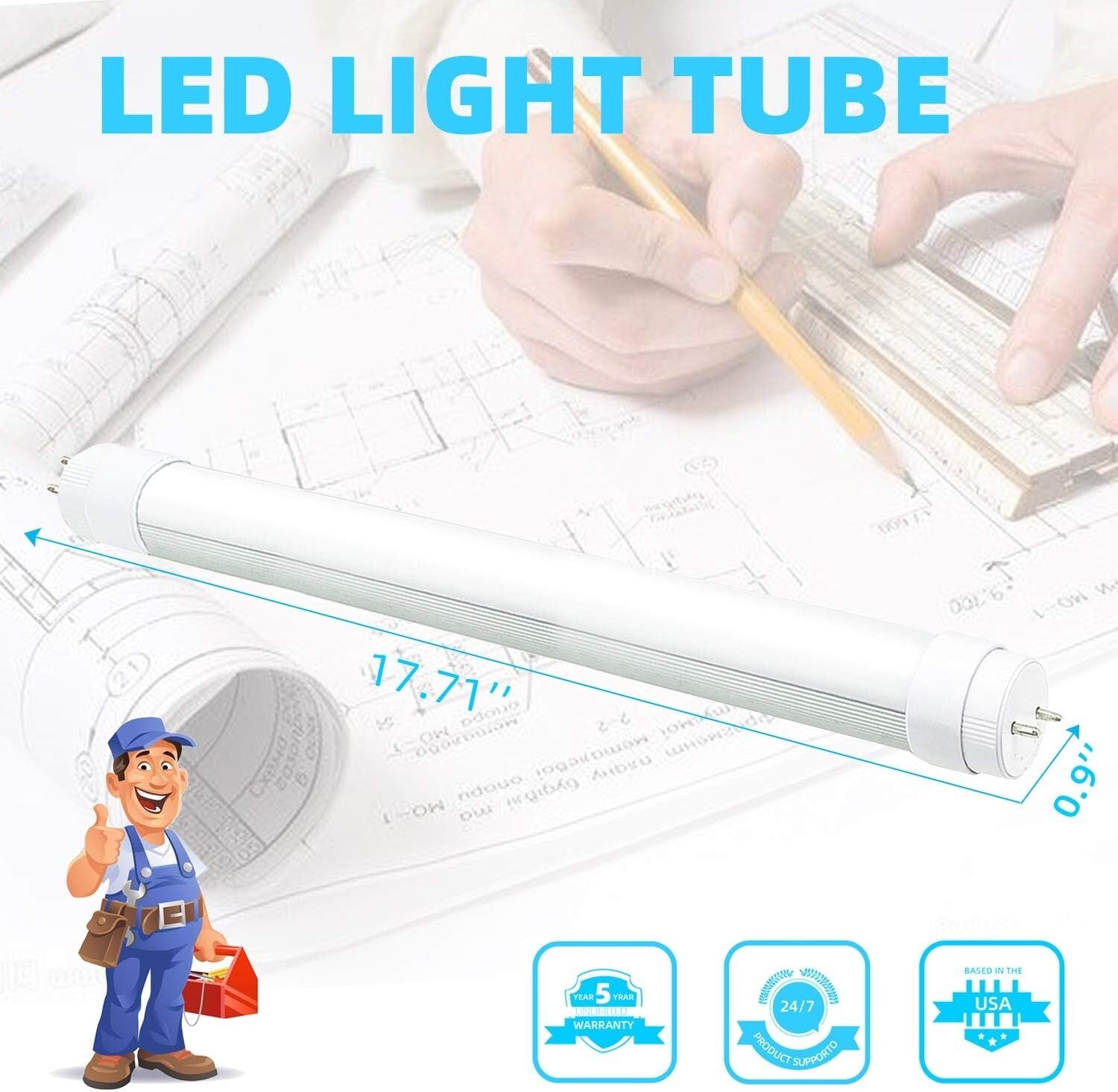 Double-End Input T8 LED Tube Light - 5000K Bright Daylight, 2-Pack, Easy Install