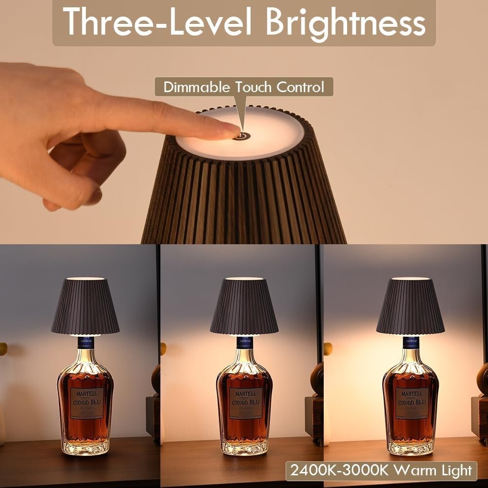 2 Pack Wireless Bottle Lamps - Cordless Rechargeable Table Decor with 3 Brigh...
