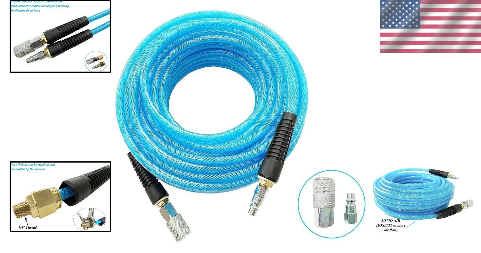 Durable 50ft PU Reinforced Non-Kinking Air Hose with Brass Quick Coupler