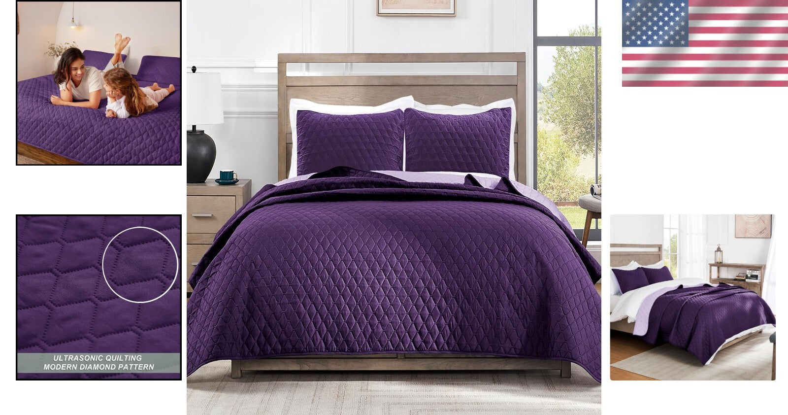 Reversible King Size Quilt Set - Lightweight & Stylish Deep Purple/Lilac