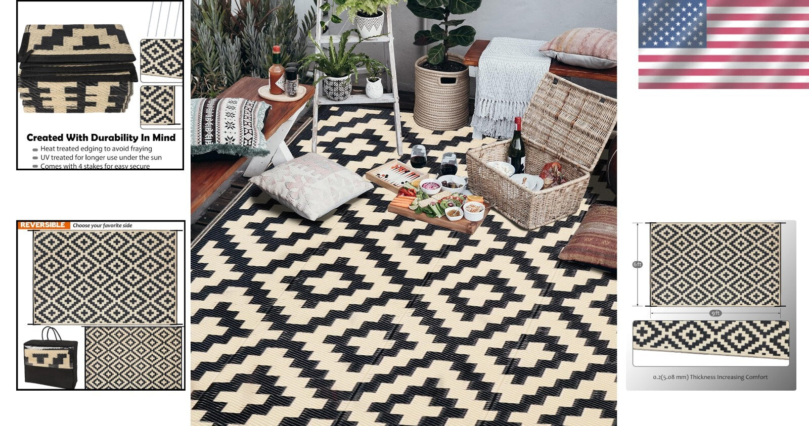 Durable 6'x9' Reversible Outdoor Rug - Stylish Black & Beige for Summer Picnics