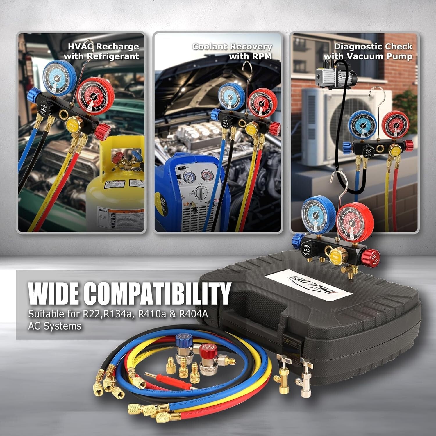 Multi-Refrigerant A/C Gauge Set with Brass Valves, 5FT Hose & 3 Tank Adapters