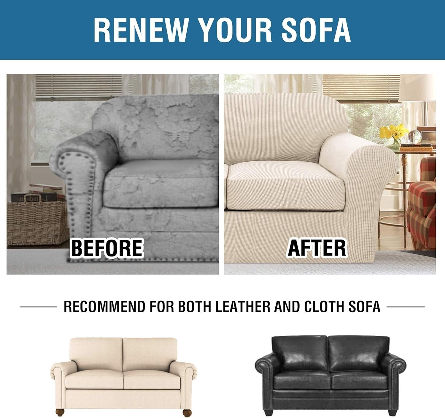 Custom Fit Natural Stretch Slipcovers for 2 Cushion Loveseat - Easy Care Design