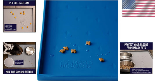 Pet Feeding Mat with Extra Tall Lip - Dishwasher Safe, Blue Diamond Design