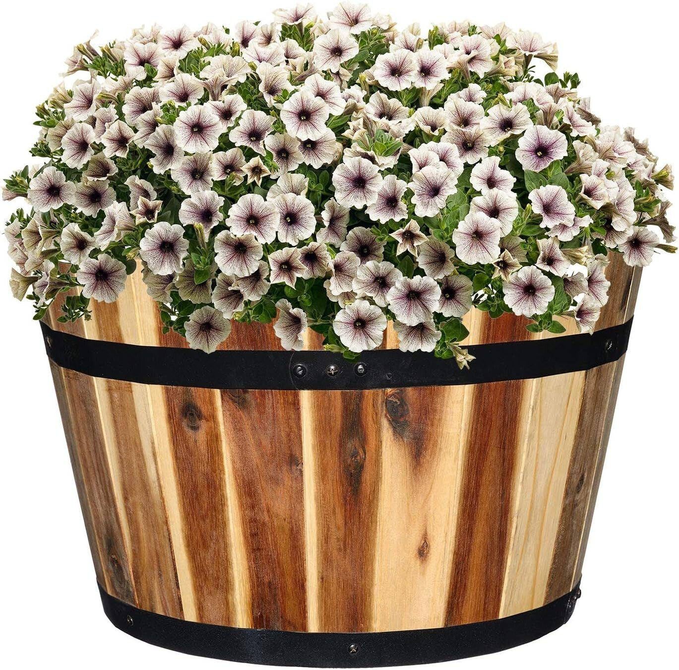 Durable 15.75" Acacia Wood Planter with Rustic Metal Band - Perfect for Gardens