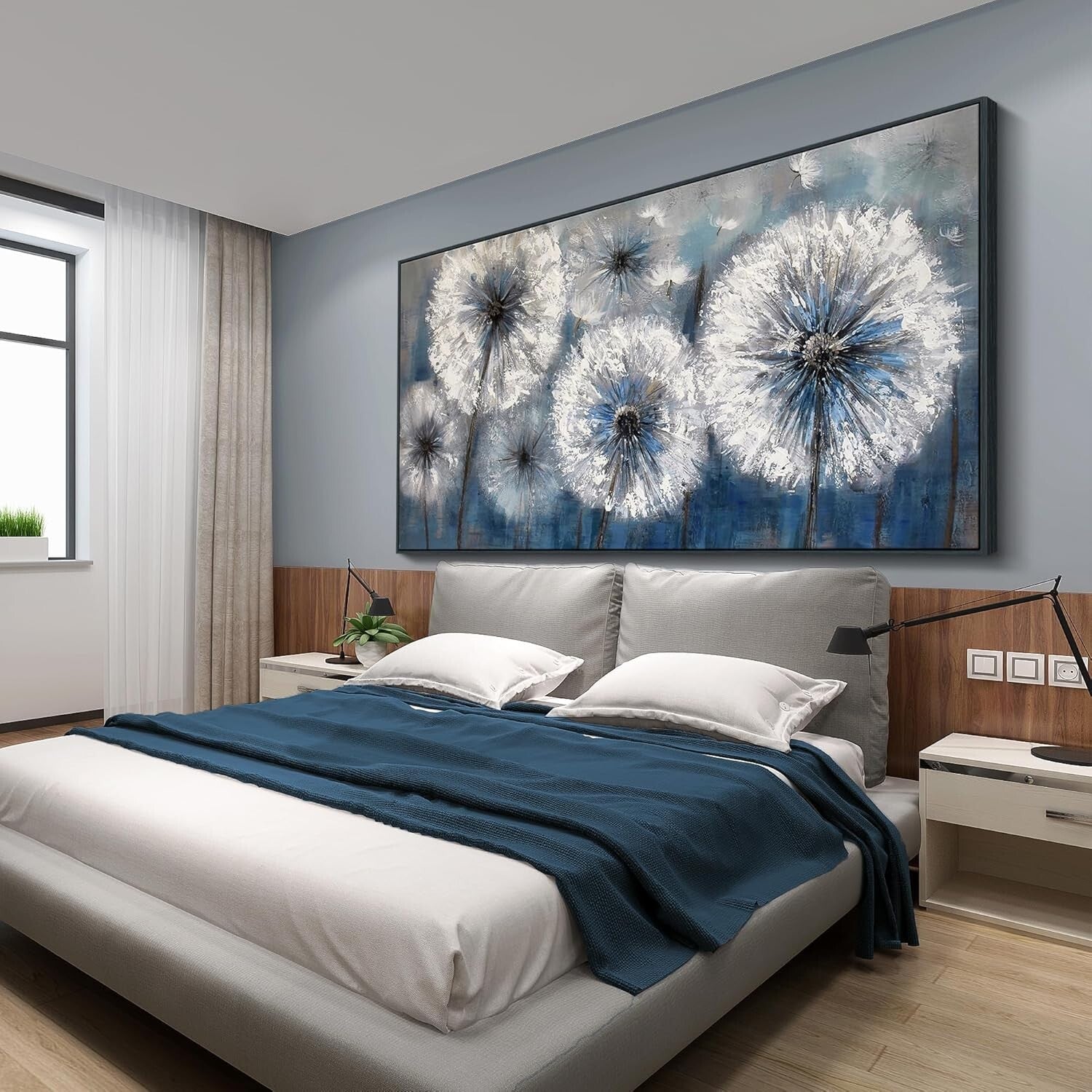 Dandelion Wall Art - Blue Canvas Painting, Framed Elegance for Living Spaces