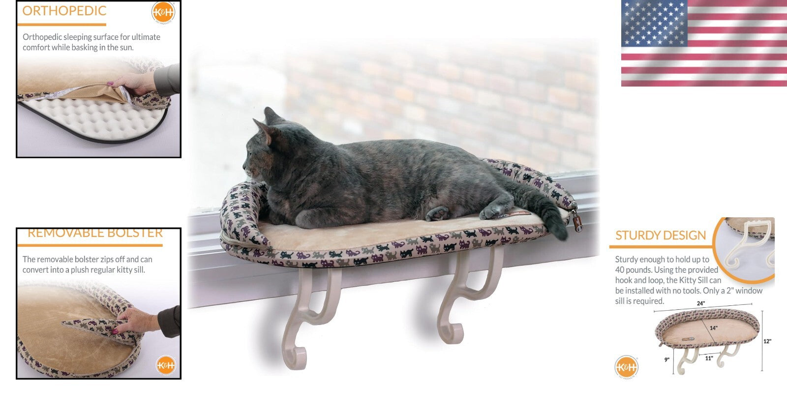 Stylish Indoor Cat Hammock with Removable Bolster for Sunbathing - 14 x 24 in