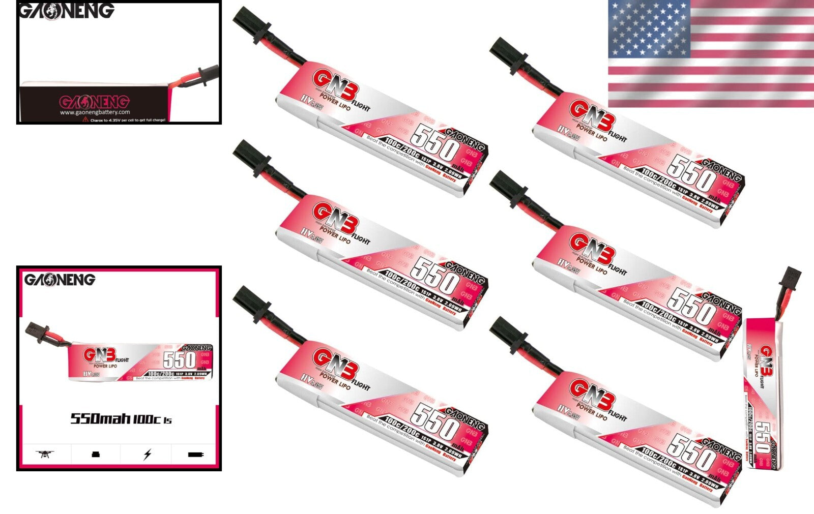 GNB 1S LiPo 6-Piece Set, 550mAh 3.8V Batteries for Racing Drones with Connectors
