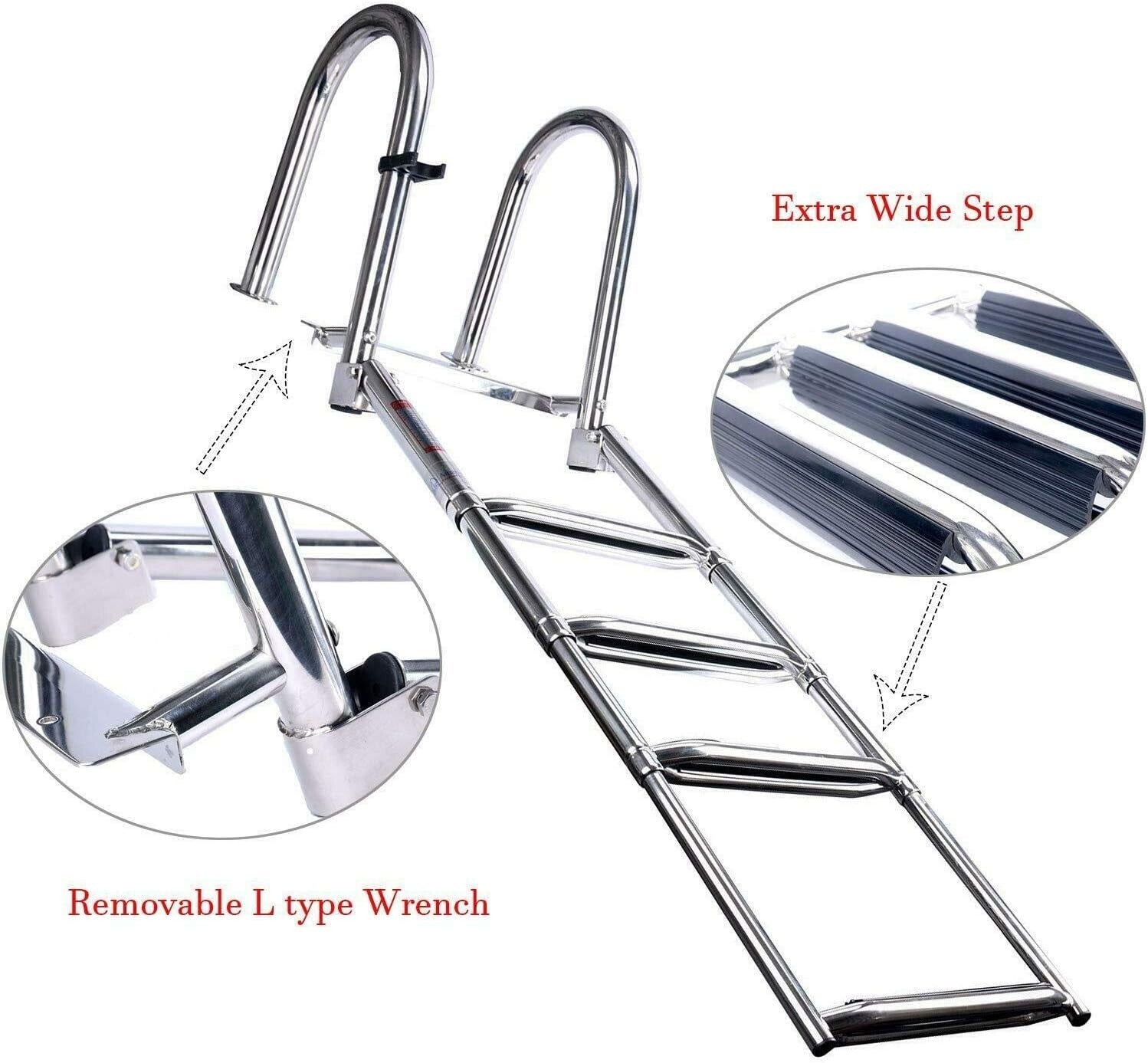 Telescopic 4-Step Rear Entry Boat Ladder with Anti-Slip Steps - 400 lbs Capacity