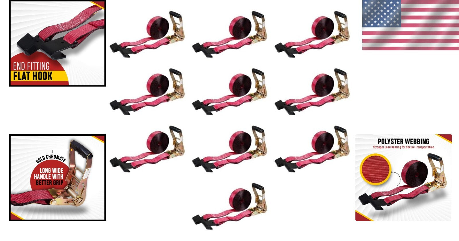 Durable 2” x 30’ Ratchet Tie-Down Straps - 10,000 lbs Breaking Strength, 10 Pack