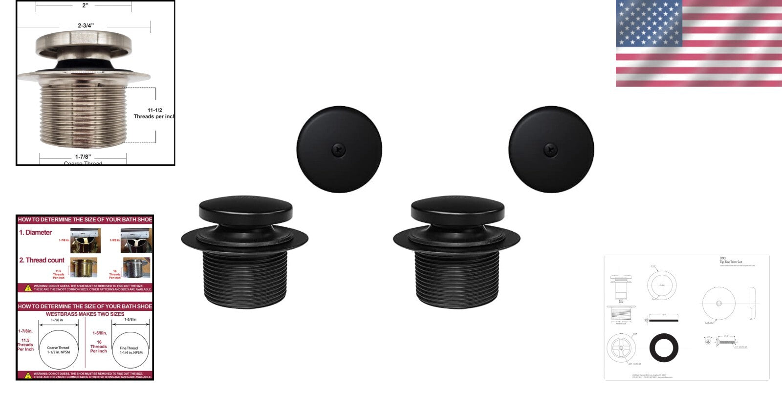Easy Installation Matte Black Tub Trim Kit with Tip-Toe Drain Plug - 2-Pack