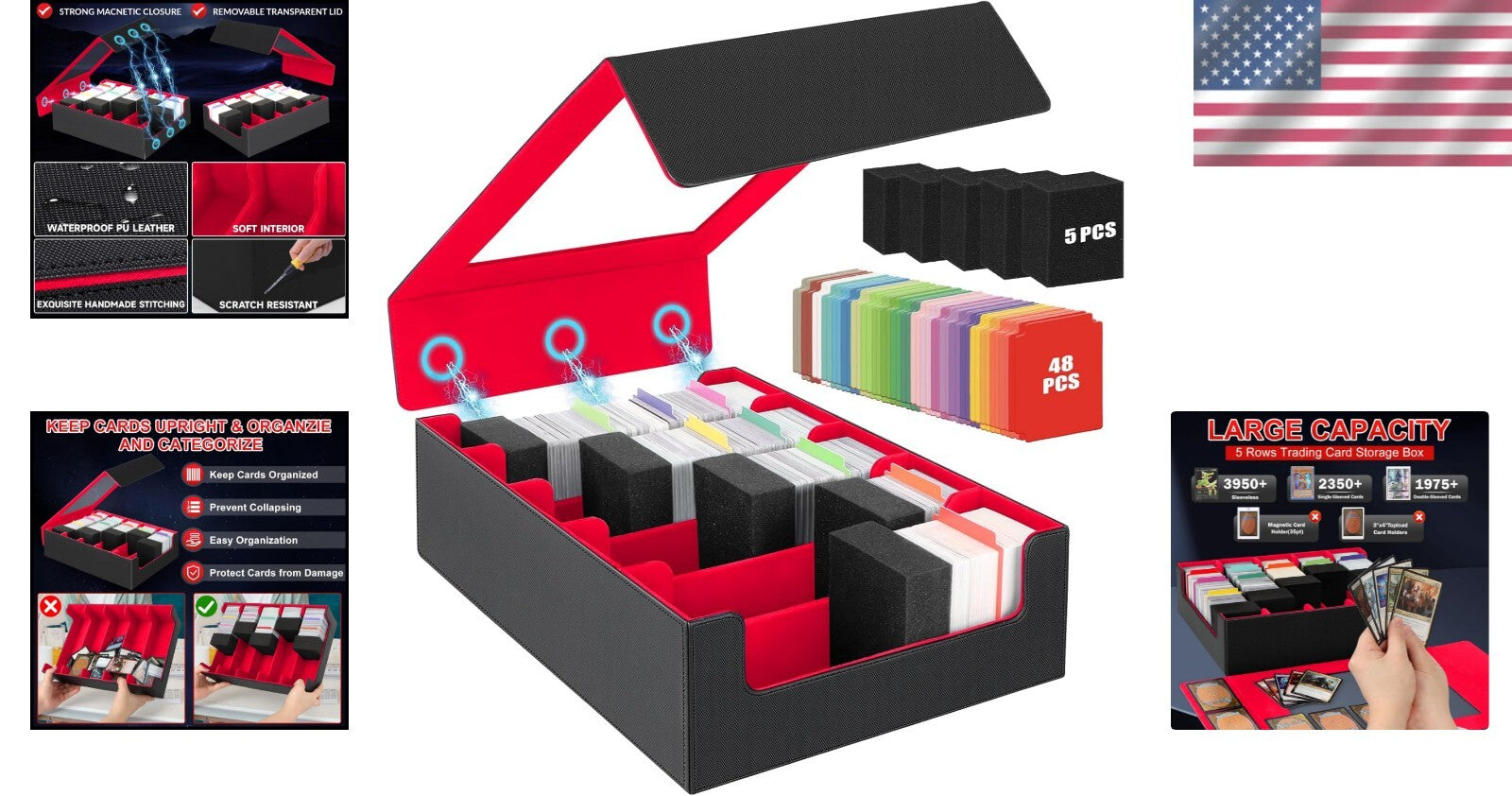 Elegant 3900+ Card Storage Box with 48 Dividers, Magnetic Closure & Foam Support