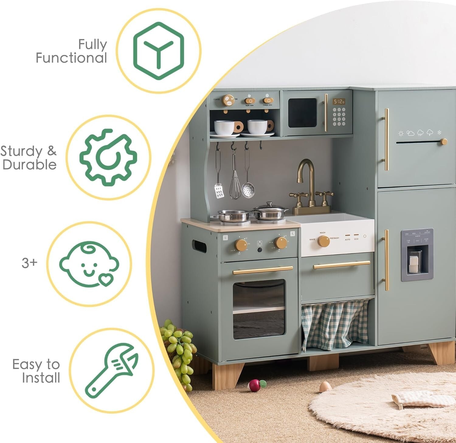 Stylish Toddler Play Kitchen Set with Functional Ice Dispenser & Coffee Maker