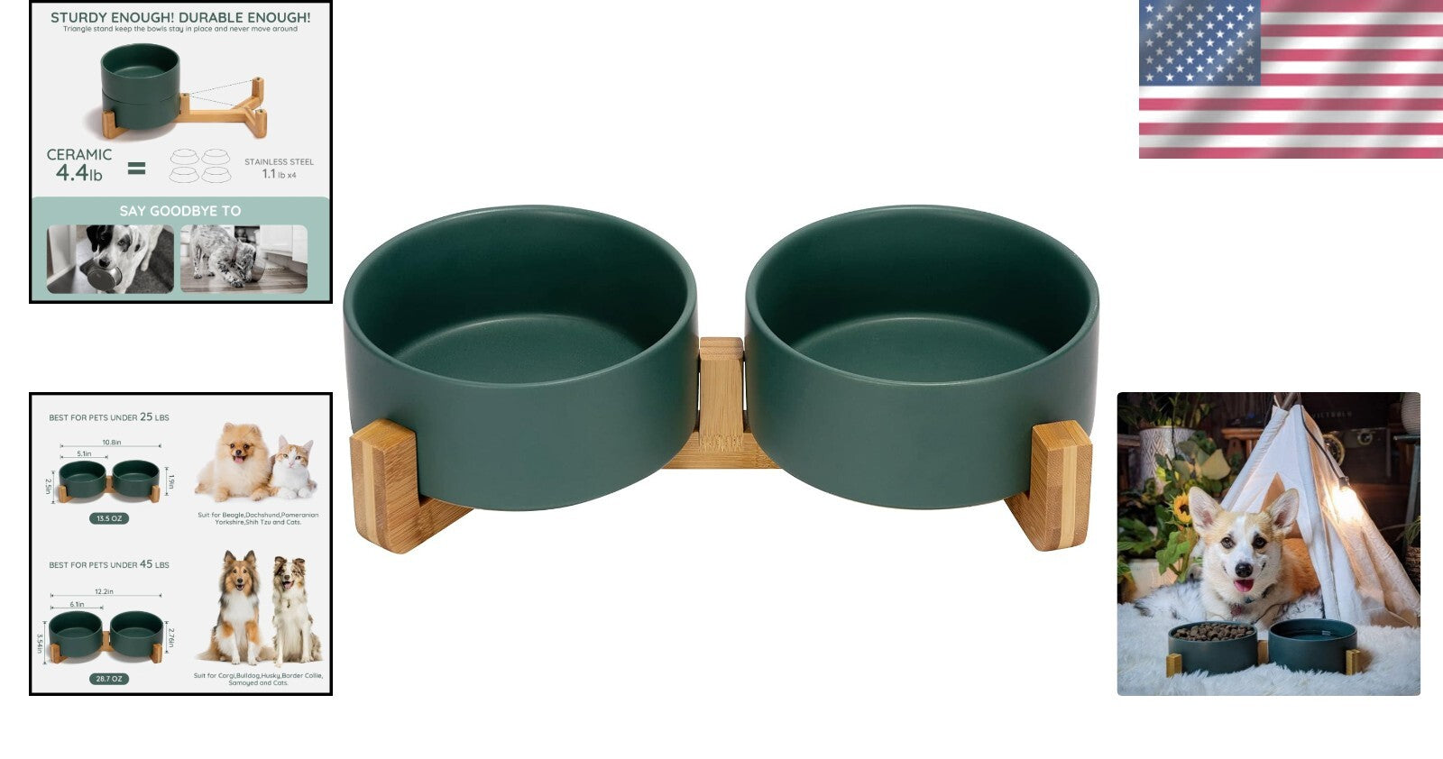 Elegant Ceramic Dog and Cat Bowl Set with Non-Slip Wooden Stand - 3.6 Cups