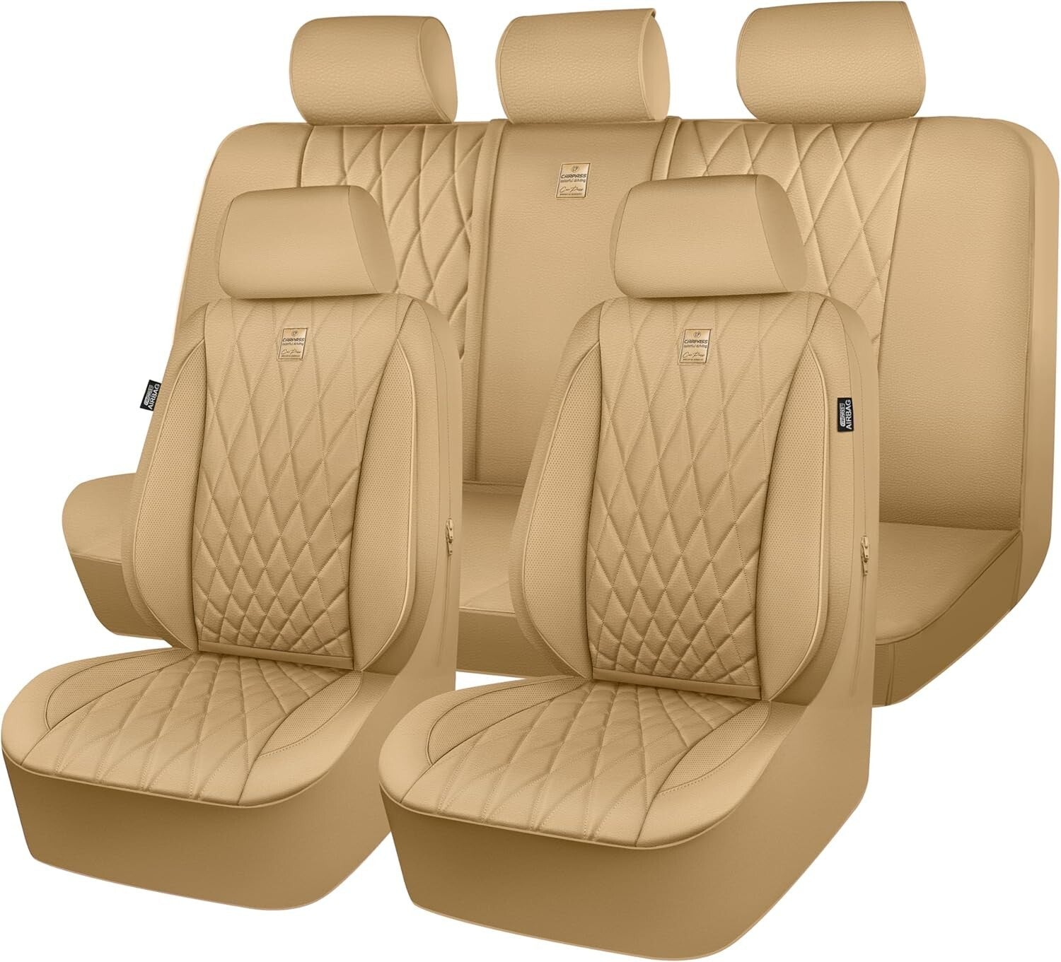 Ergonomic Universal Fit Leather Seat Covers in Pure Beige - Full Set for 5 Seats