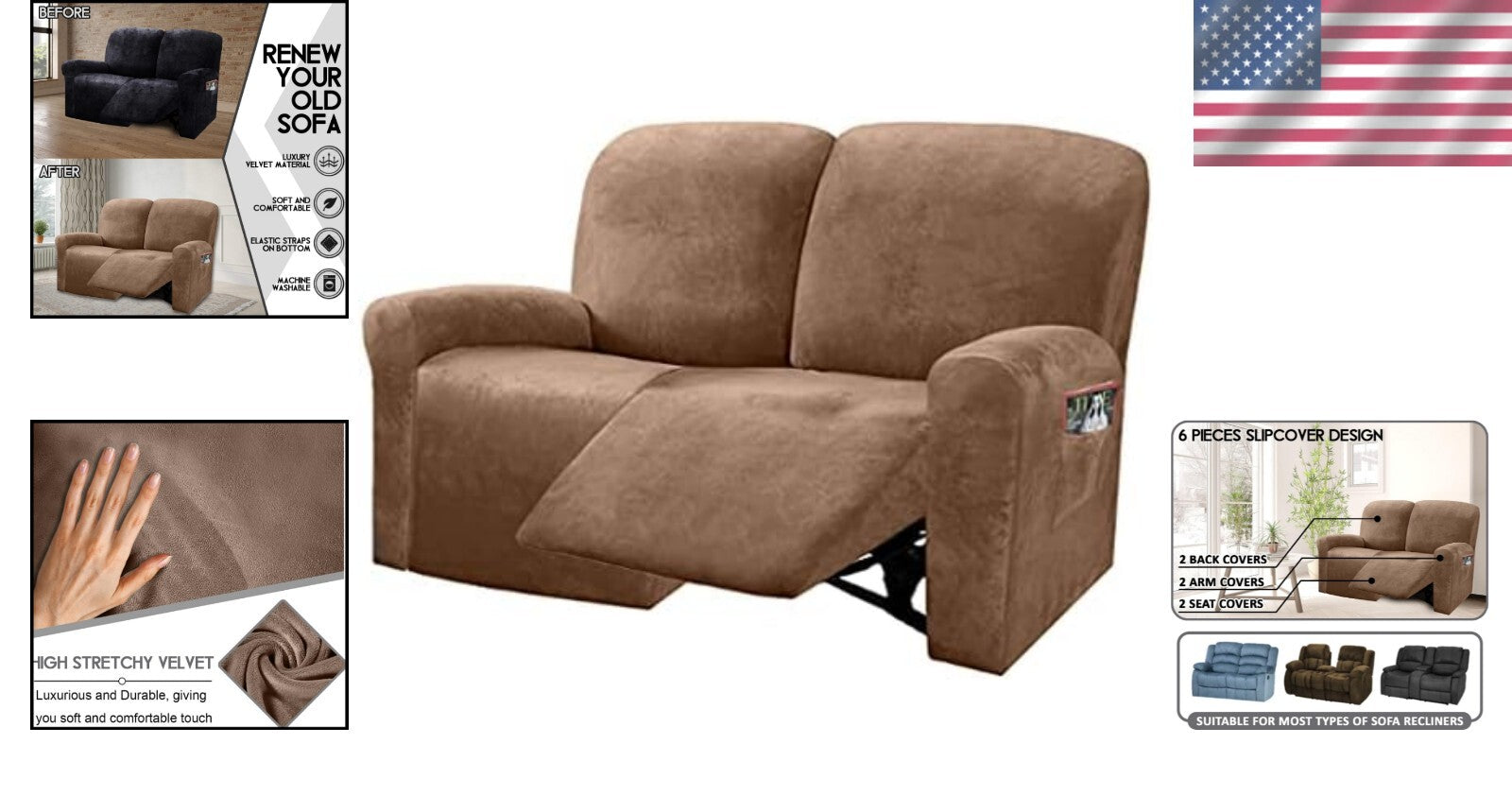 Custom-Fit Velvet Reclining Love Seat Slipcover, Machine Washable for Easy Care
