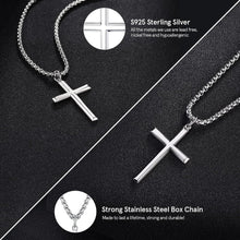 Load image into Gallery viewer, 24 Inch Stainless Steel Box Chain with Sterling Silver Cross Pendant for Him