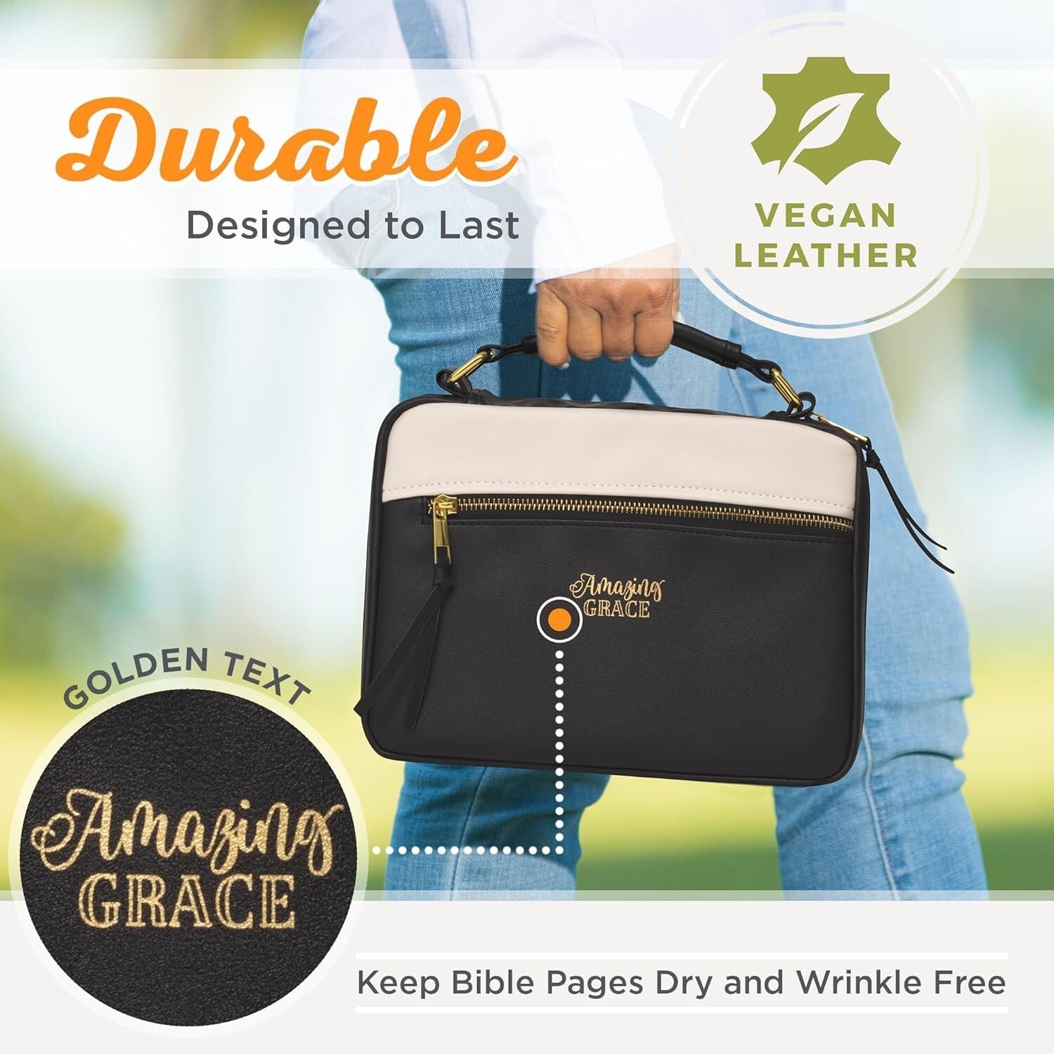 Water-Resistant 'Amazing Grace' Bible Cover in Stylish Black & Tan Faux Leather