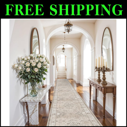 3' x 20' Elegant Vintage Runner Rug - Lightweight, Washable & Non-Slip Design