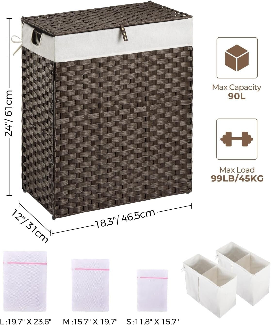 Collapsible Brown Laundry Basket with Removable Liners - No Install Needed