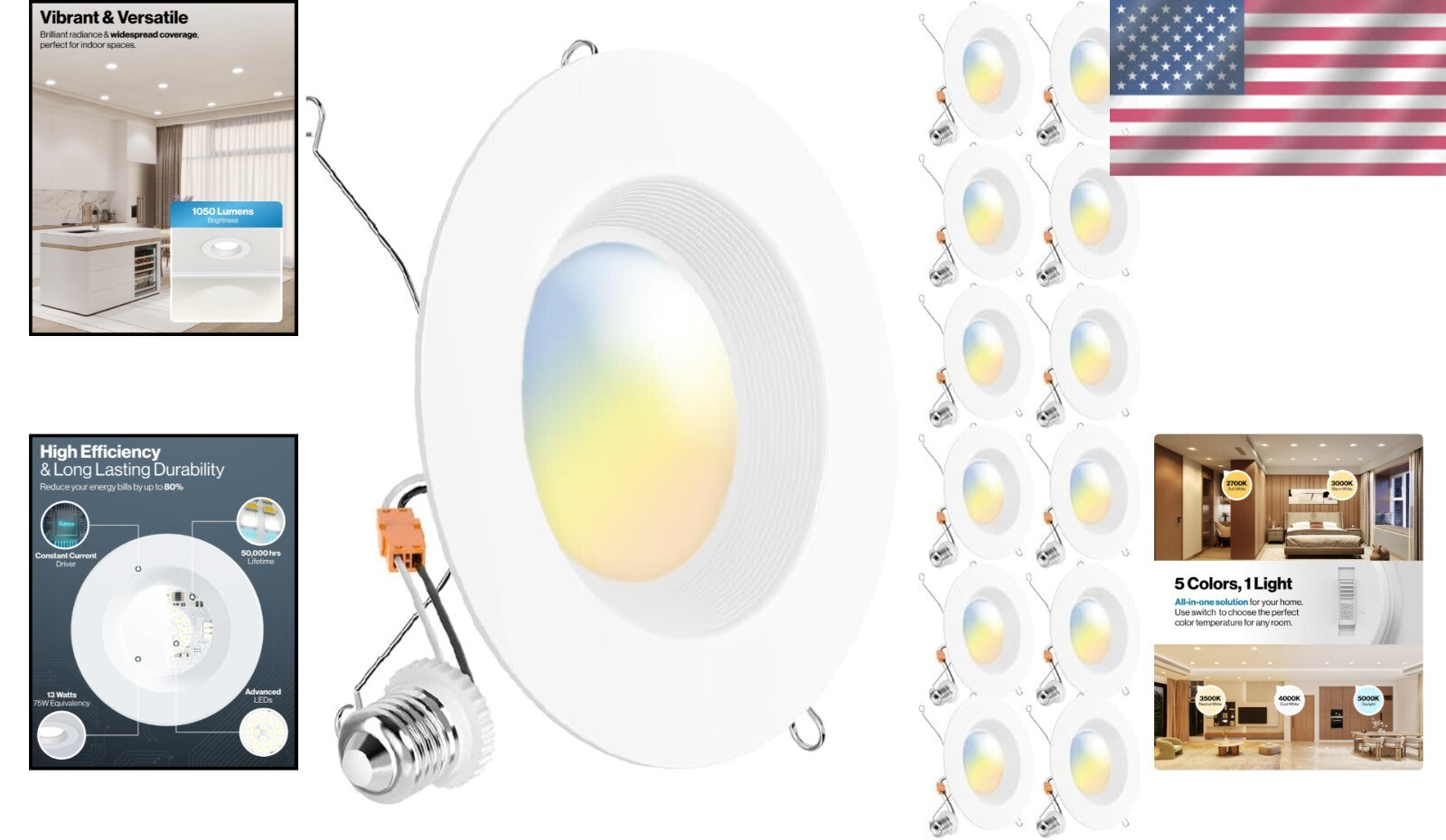 Retrofit 12 Pack of 6-Inch Dimmable LED Can Lights - 1050 LM & Selectable Colors
