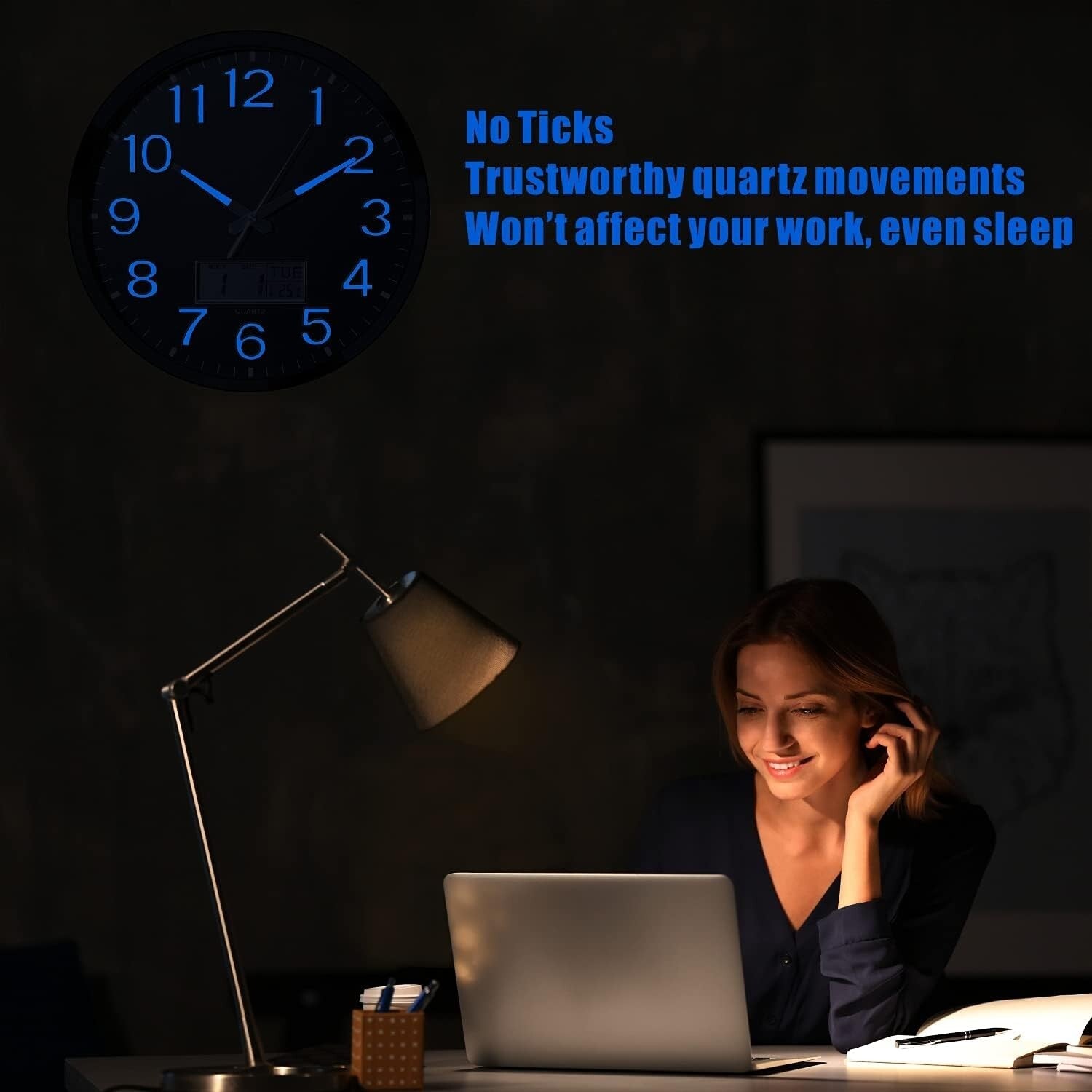 Elegant 14-Inch Battery Operated Wall Clock with Glowing Features & Temp Display