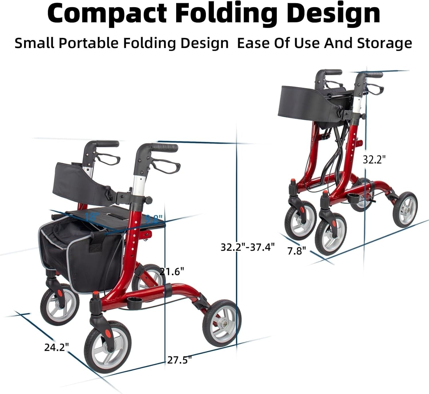 Lightweight Rollator Walker for Seniors - Folding Aluminum Frame with Cup Holder
