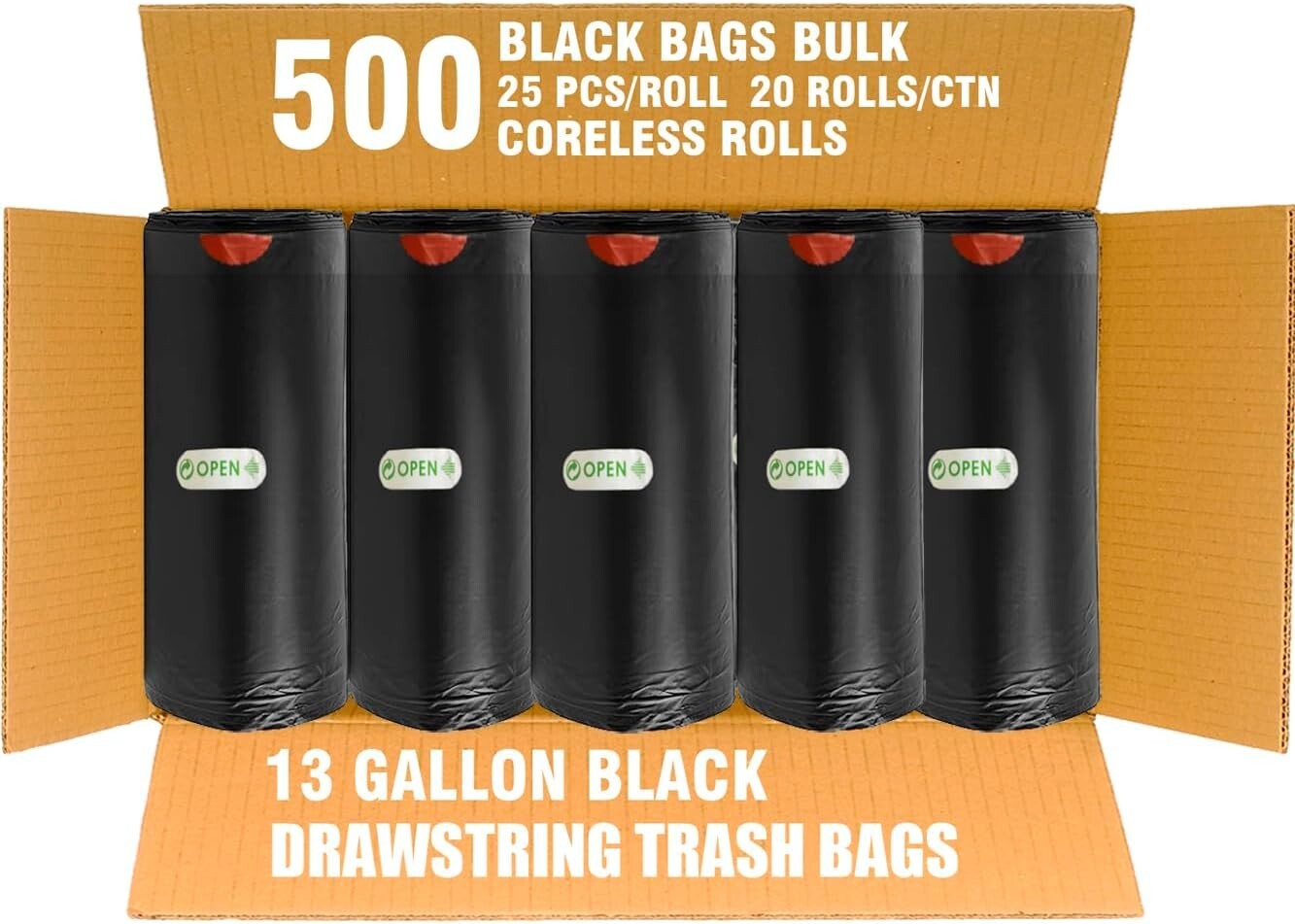 Durable 13 Gallon Trash Bags with Drawstring Closure - 500 Pack Value Option
