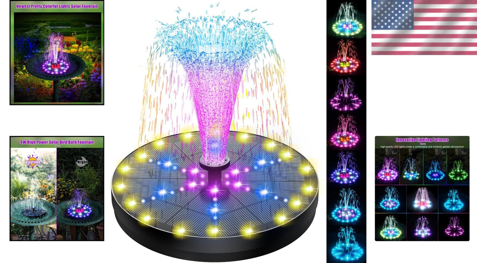 Solar-Powered Fountain with 60 Colorful LEDs, 7 Water Styles & Anti-Drift Fixers
