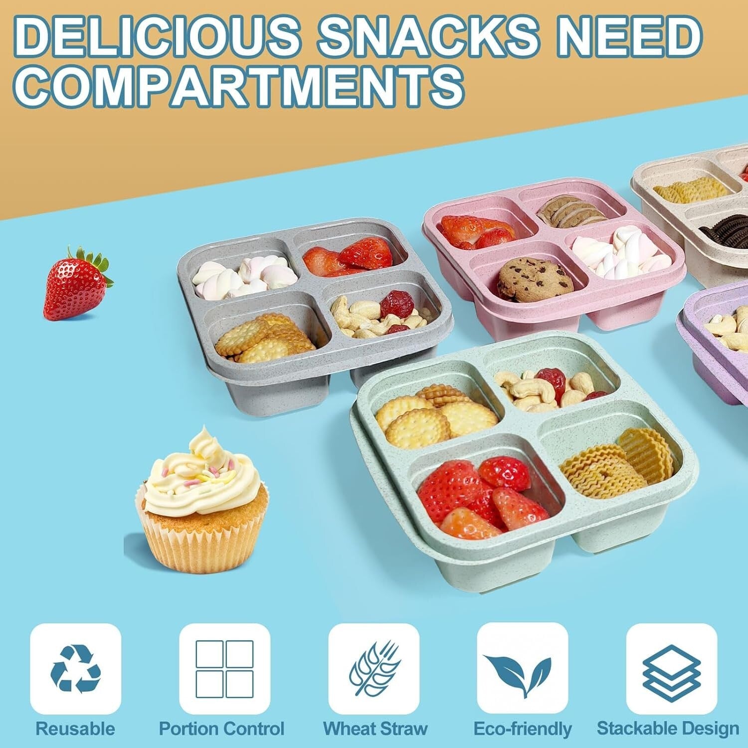 20 Pack BPA Free 4-Compartment Snack Containers - Microwave & Dishwasher Safe