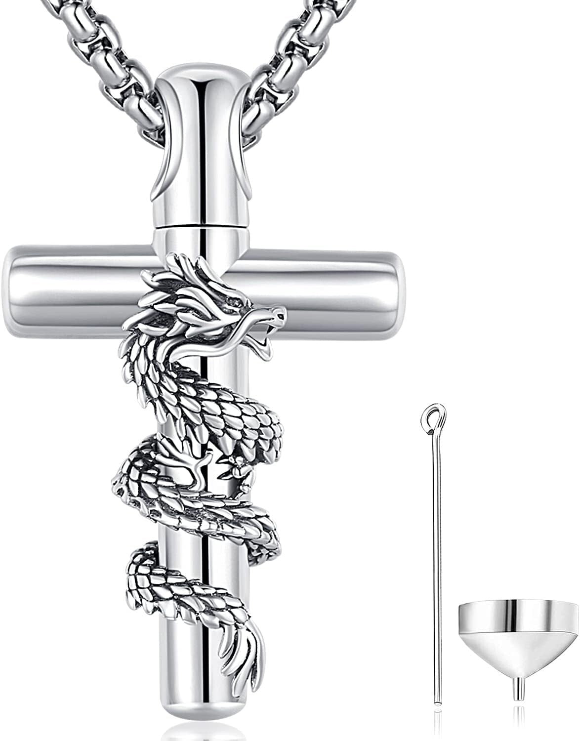 Elegant S925 Sterling Silver Dragon Cross Urn Necklace for Ashes Keepsake
